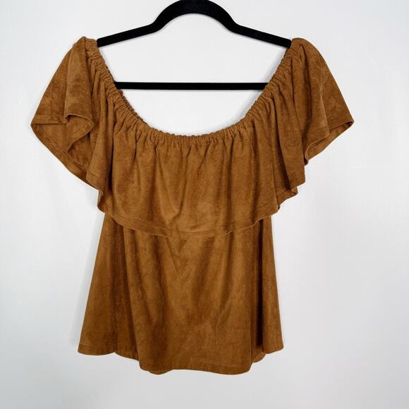 Cupcakes and Cashmere Medium Brown Tan Jennings Faux Suede Off The Shoulder Top - Picture 2 of 12